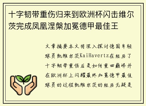 十字韧带重伤归来到欧洲杯闪击维尔茨完成凤凰涅槃加冕德甲最佳王 十字韧带重伤归来到欧洲杯闪击维尔茨完成凤凰涅槃加冕德甲最佳王