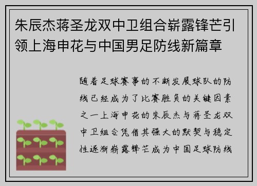 朱辰杰蒋圣龙双中卫组合崭露锋芒引领上海申花与中国男足防线新篇章