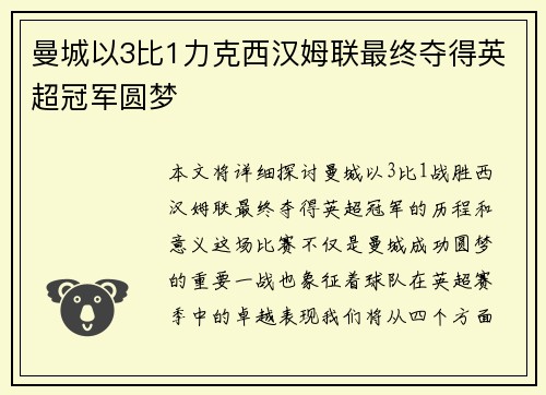 曼城以3比1力克西汉姆联最终夺得英超冠军圆梦